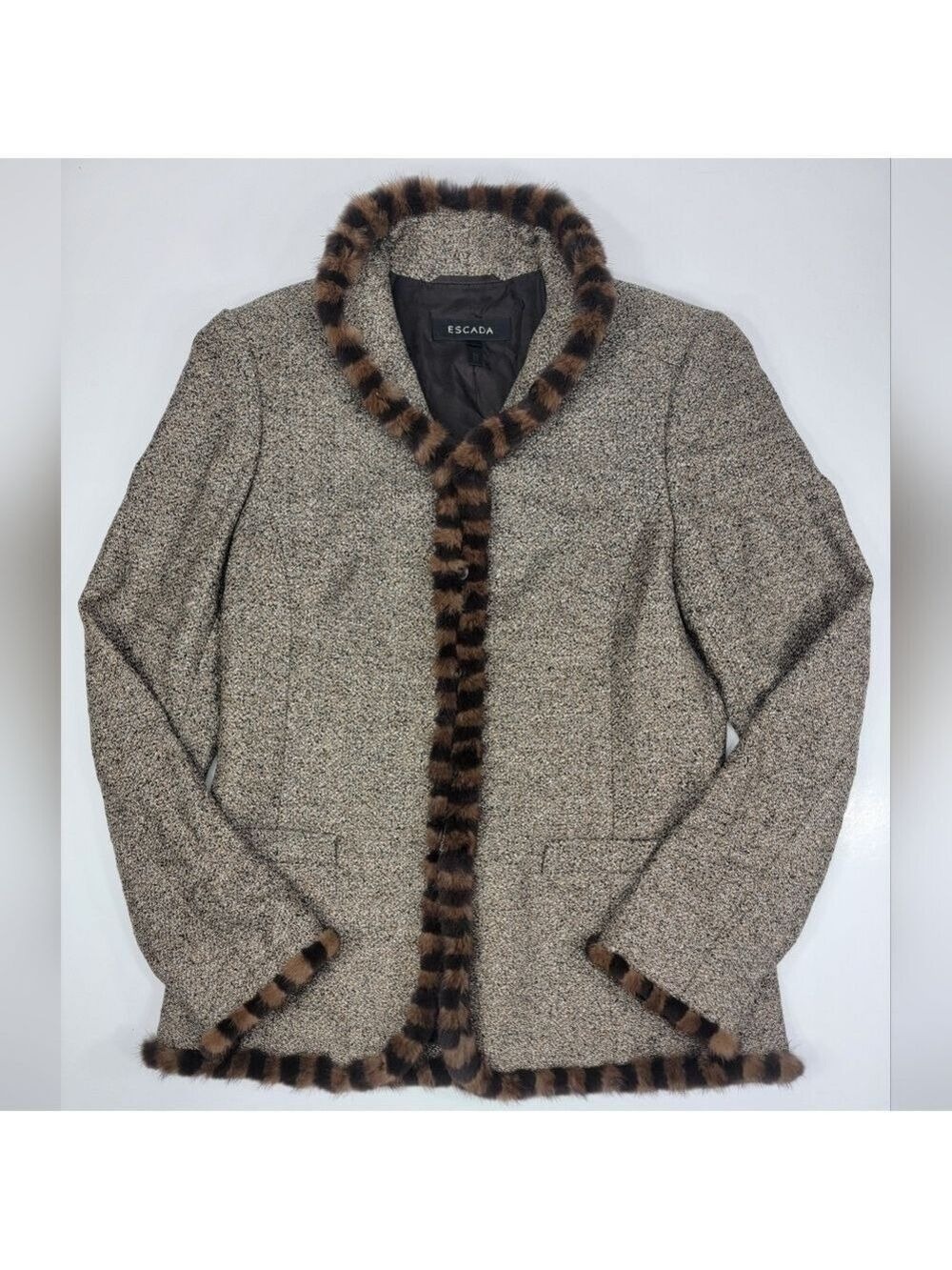 Escada Wool Alpaca Blend Jacket Mink Fur Trim Brown Tweed Size 36 - US 6 - Small